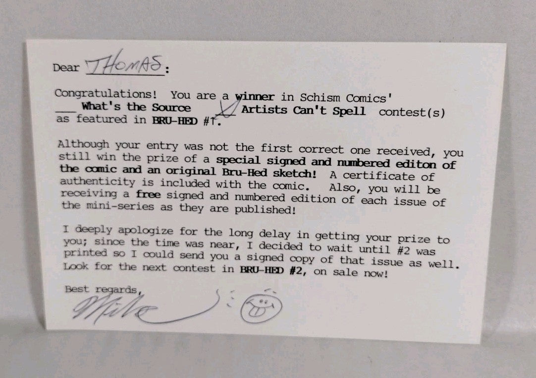 Original 1994 Mike Pascale Bru-Head Sketch W COA 8.75 X 5.75"