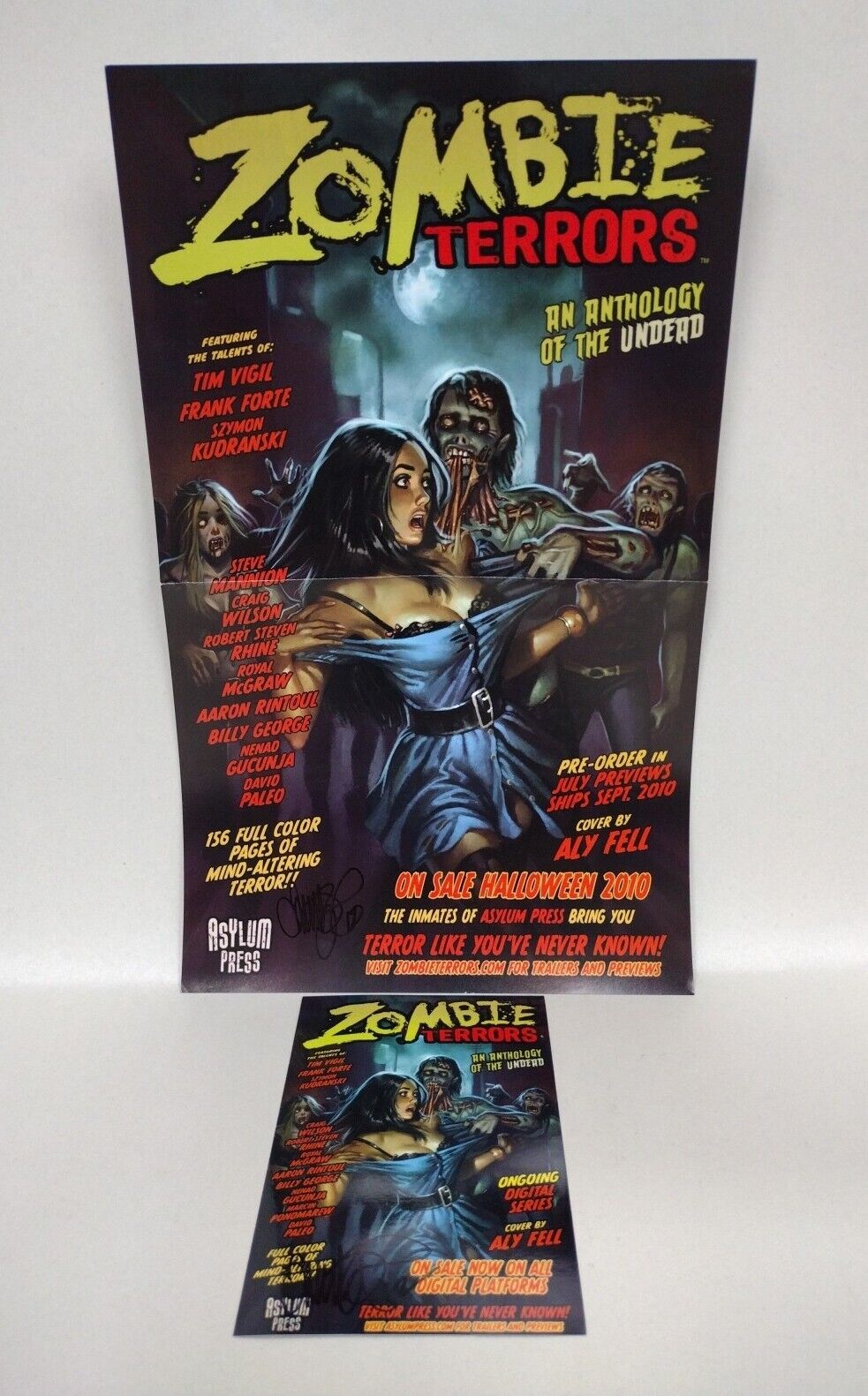 Zombie Terrors (2010) 14 X 8.5 Asylum Press Promotional Poster + Postcard Signed