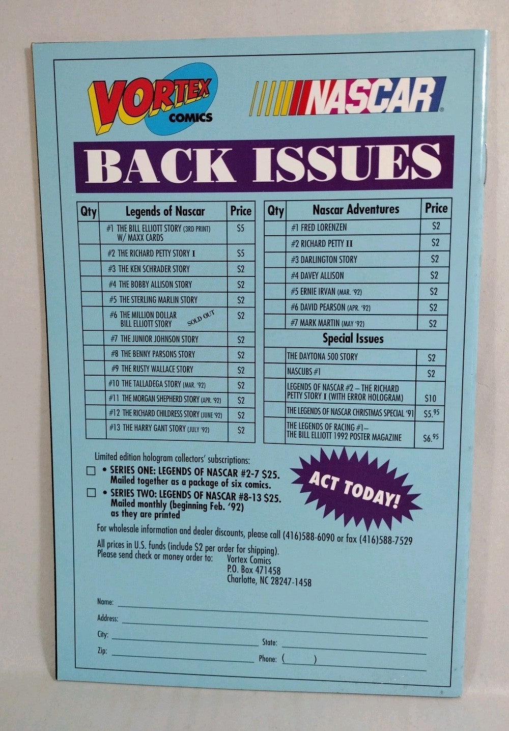 Legends of NASCAR (1992) Vortex Comic #'d Hologram Lot Issues 11 12 13