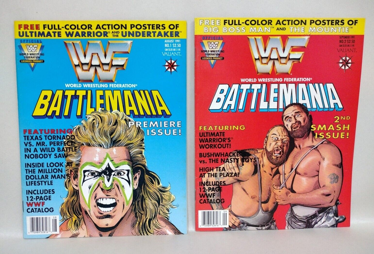 WWF Battle Mania (1991) Valiant Comic Magazine Lot Set #1 &2 W Poster Inserts