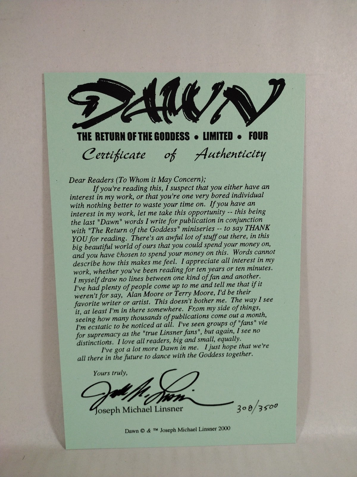 Dawn Return Of The Goddess Limited #4 Signed J M Linsner W COA #'d 308/3500 NM