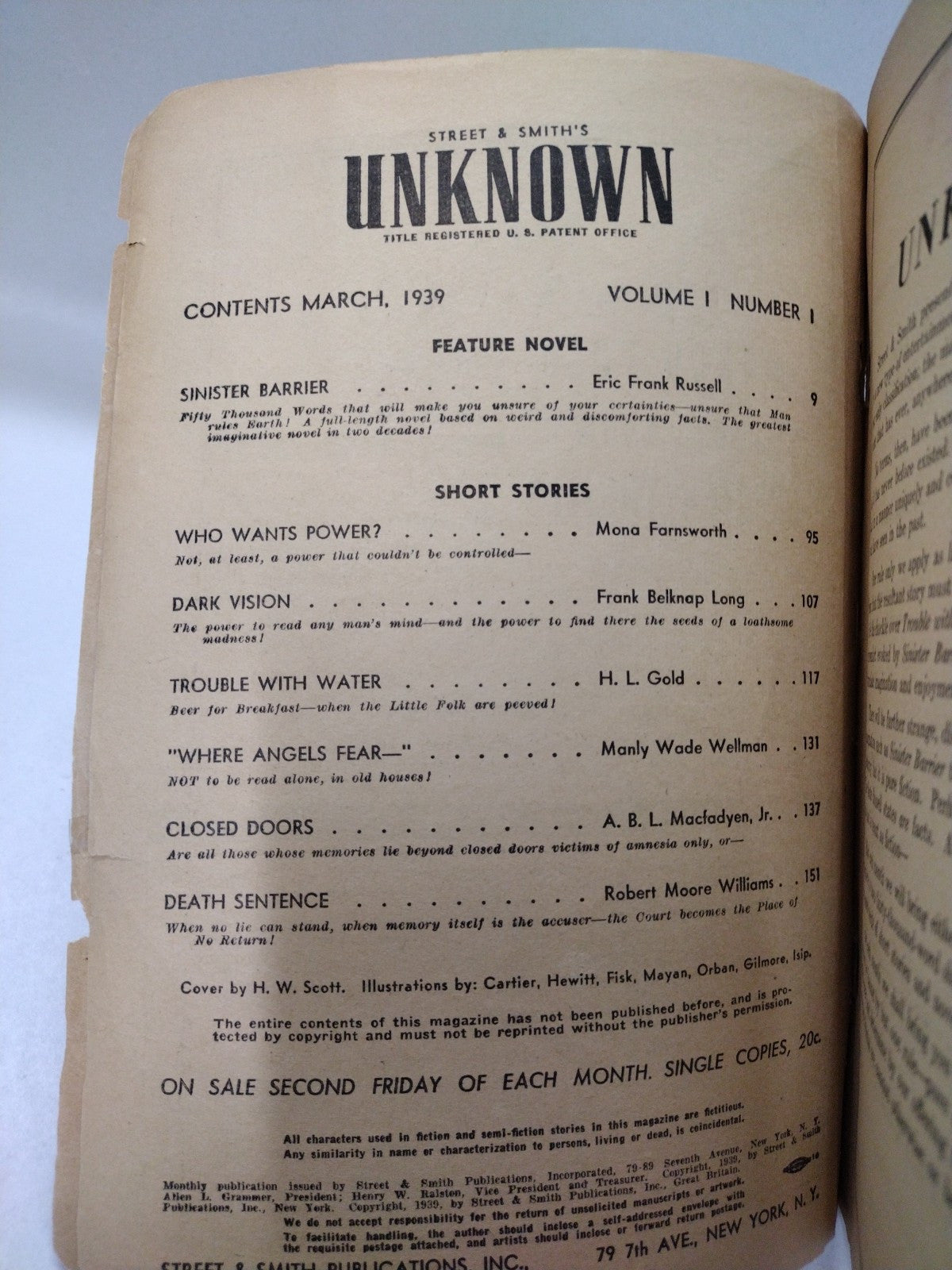 Unknown Vol 1 #1 March 1939 Mystery Scifi Golden Age Pulp Fiction Novel
